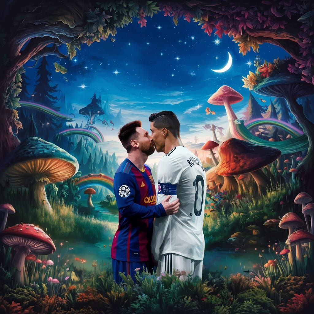 Fantasy Football Icons Embrace in Enchanted Forest