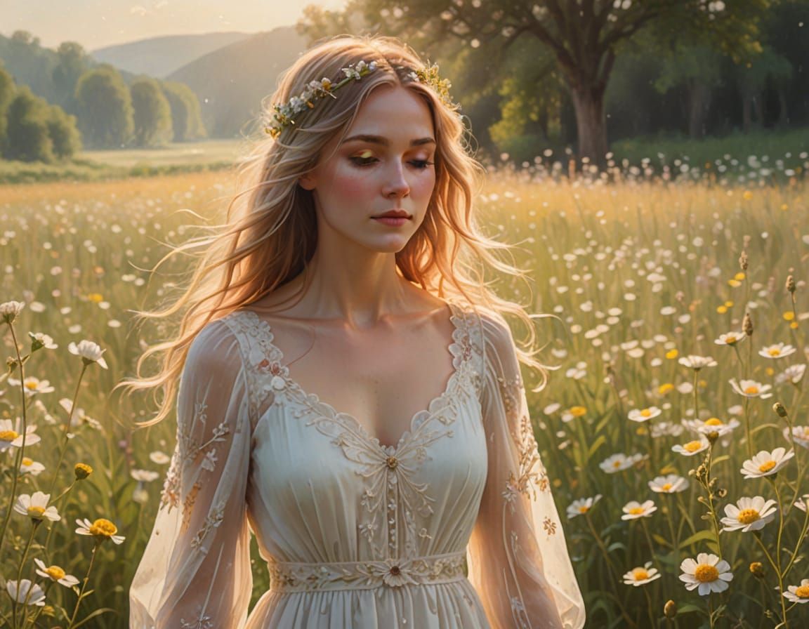 Woman in Meadow: Dreamy Impressionist Fantasy Art