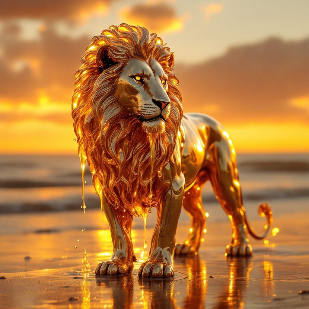 Majestic Liquid Gold Lion on Beach at Sunrise