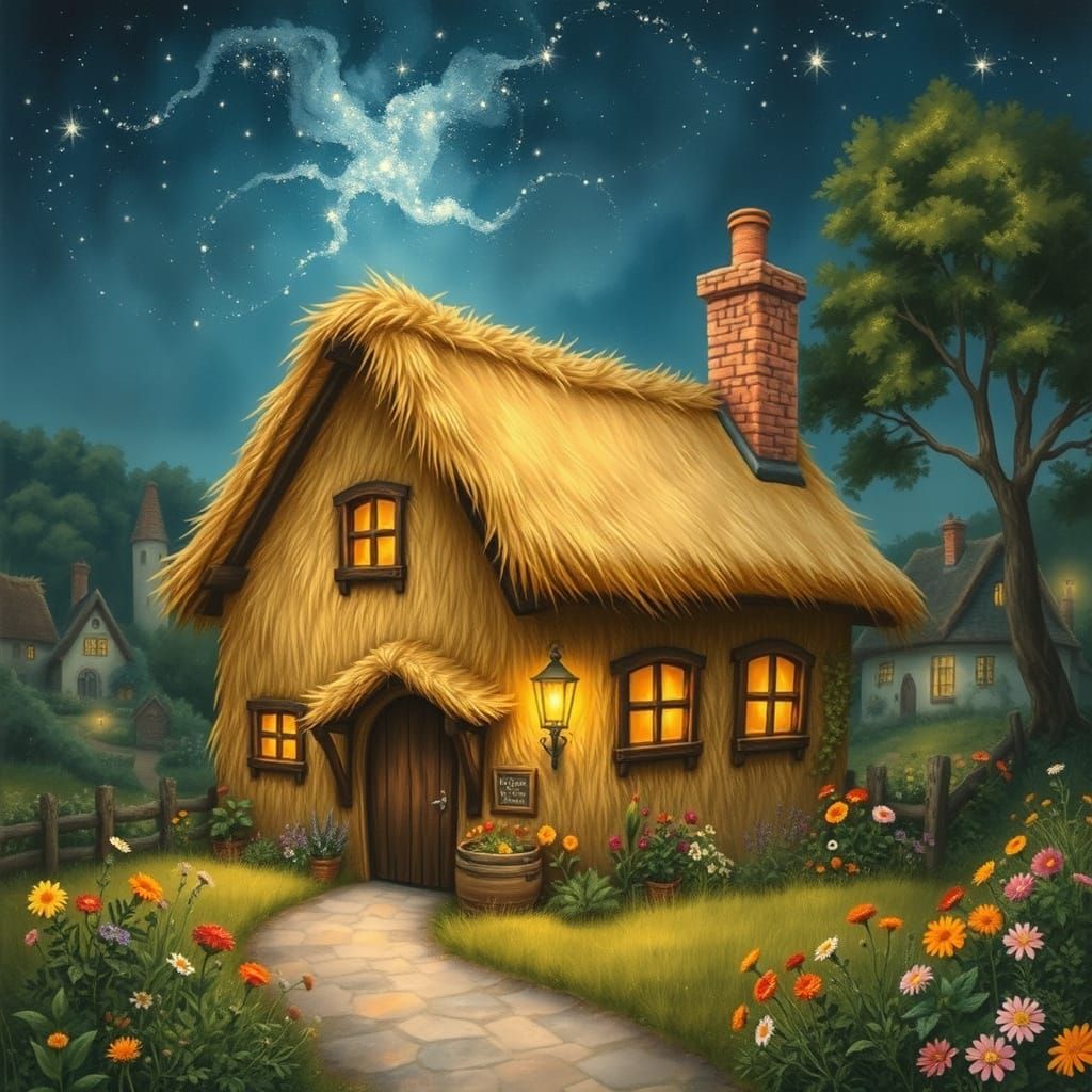 Quaint Cottage under Starry Whimsy, in Soft Illuminated Styl...