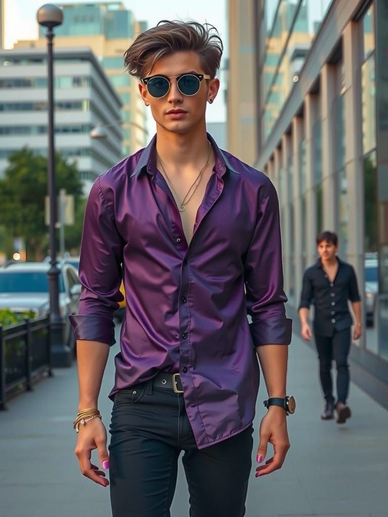 Dapper Young Man Strolls City Streets in Elegant Purple Atti...