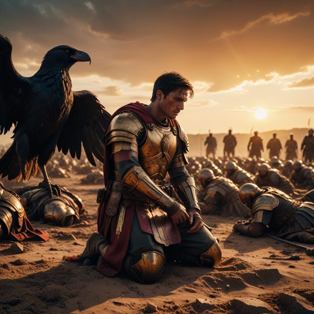 Epic Roman Soldier Kneels in Golden Armor on a Sandy Battlef...