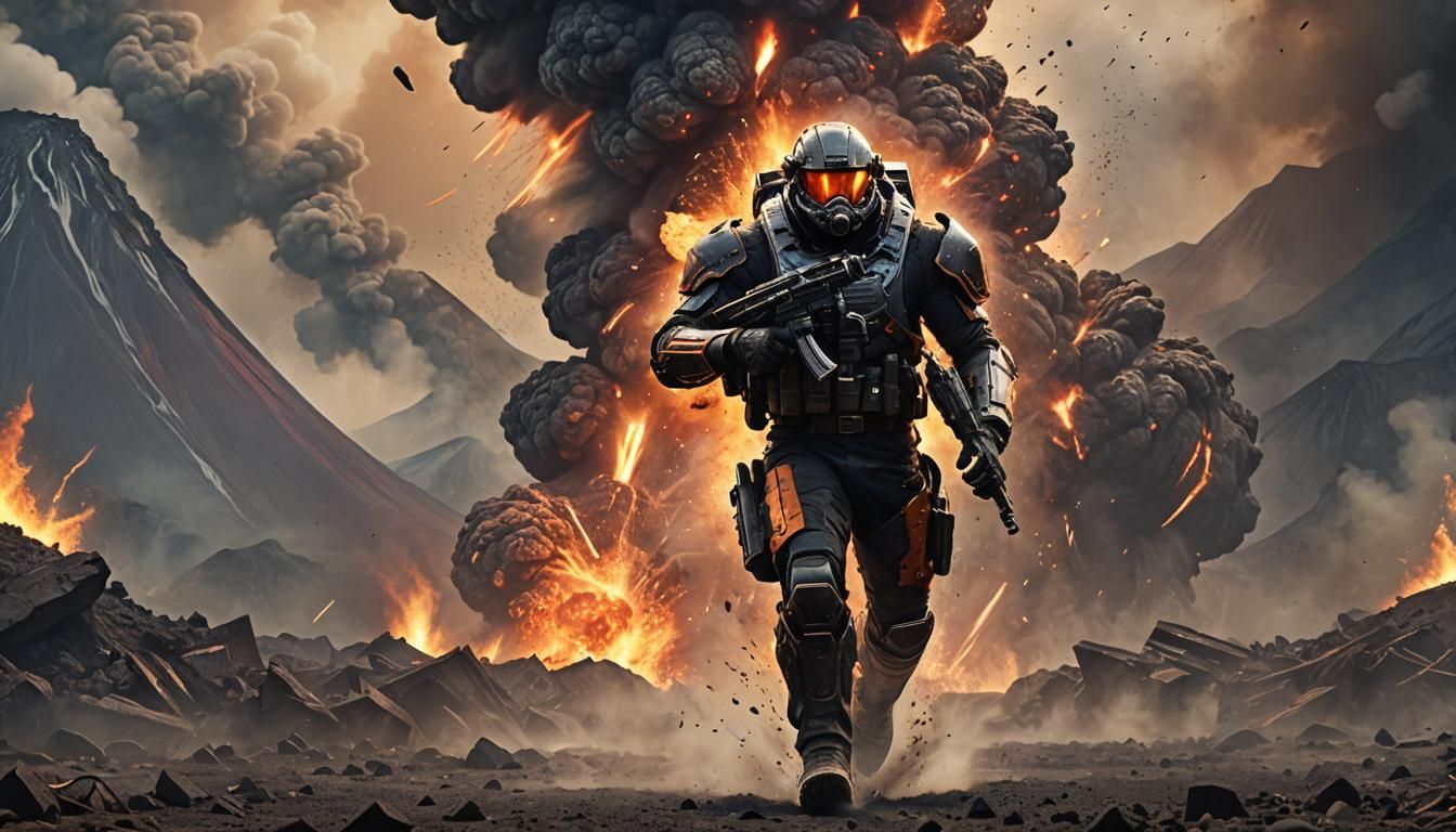 Man Running from Volcano in Hyper-Realistic Digital Art