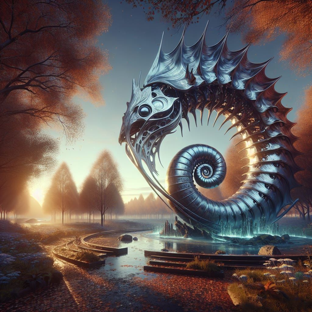 Dawn in the Park: Steel Sculpture in Autumn