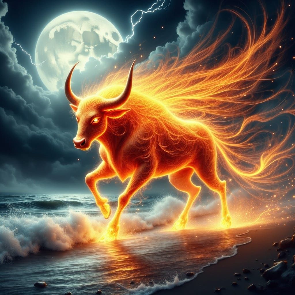 Fiery Bull Emerges from Stormy Sea in Surreal Style