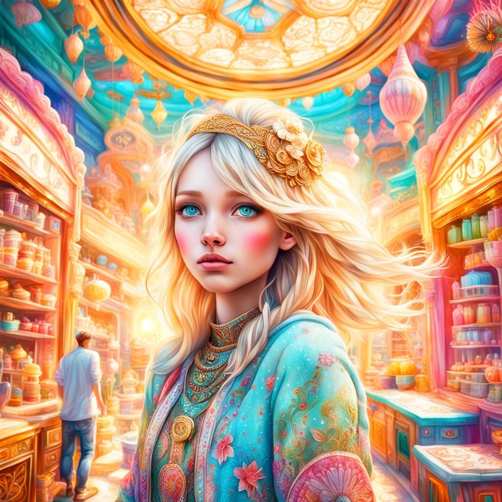 Blonde Manic Pixie Dream Girl in Hyperrealistic Digital Art
