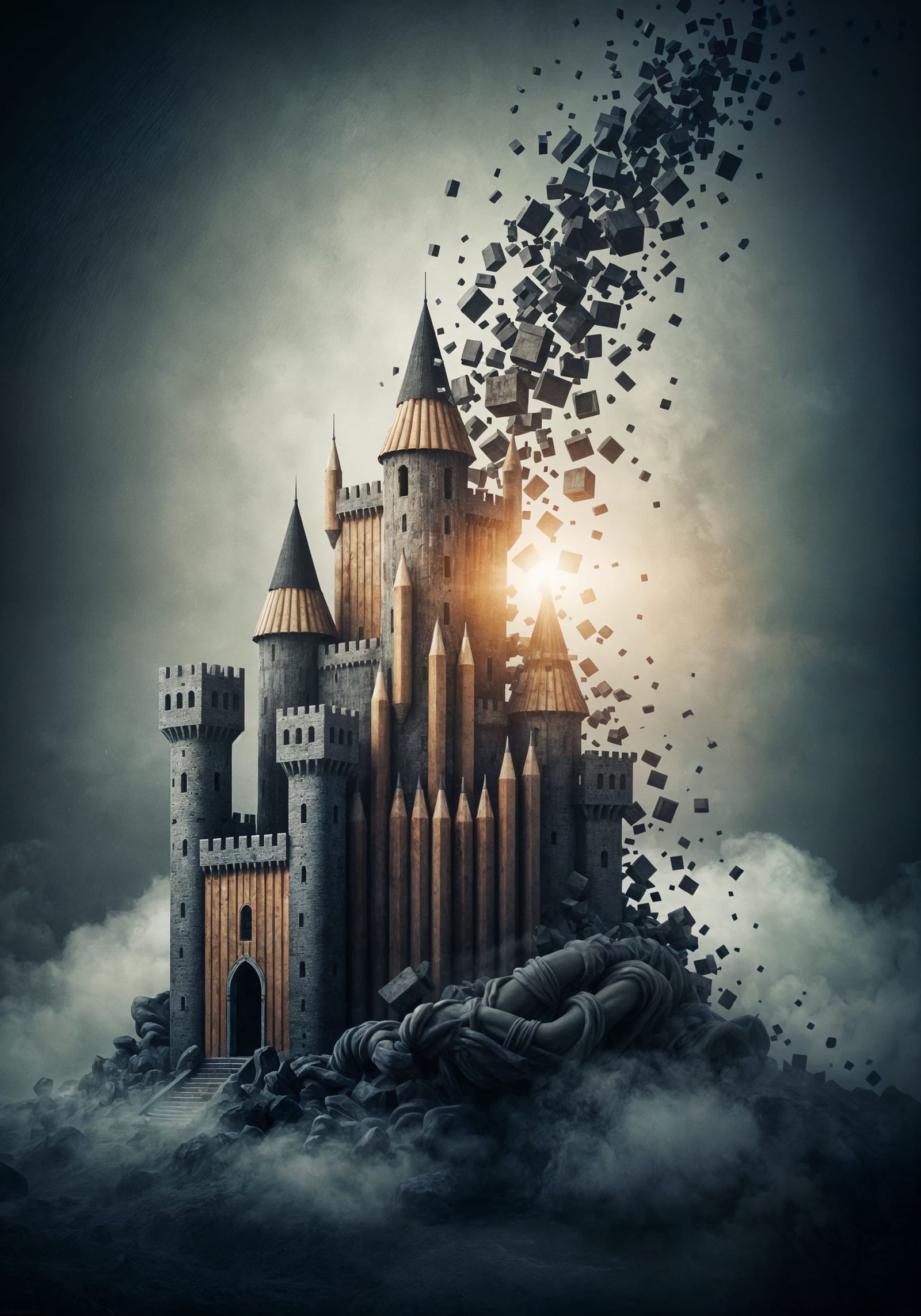 Pencil Castle Dissolving into Ink and Light
