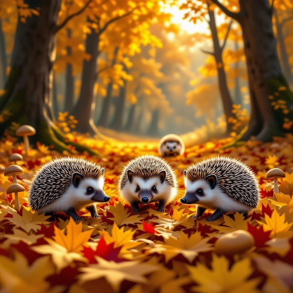 Autumn Forest Meadow With Spiny Hedgehogs