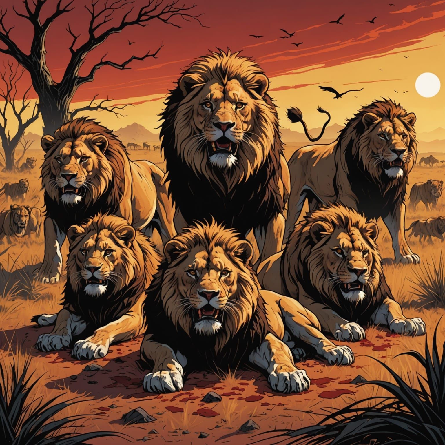 Bloodthirsty Lions on the Savannah in Comic Book Style