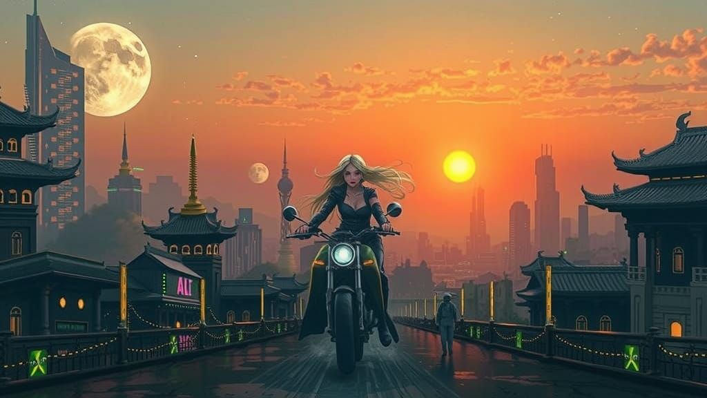 Futuristic Wizard Rides Cyberpunk Motorcycle Through Neon Ci...