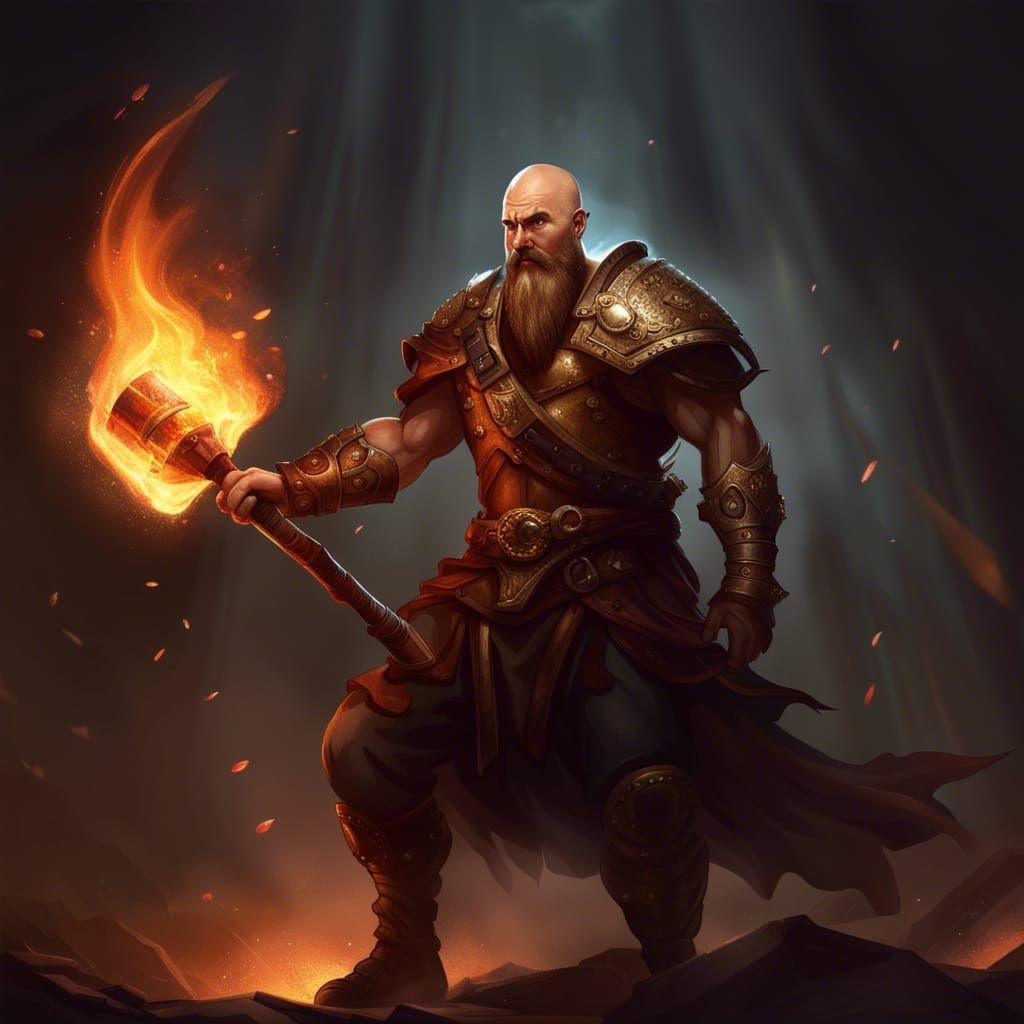Barbarian with Flaming Axe, Dark Fantasy Art