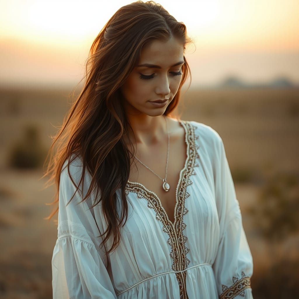 Contemplative Woman in White Gown at Dawn