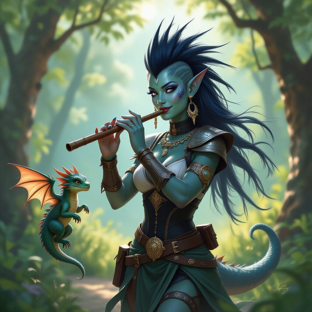 Dragonborn Bard with Blue Eyes and White Mohawk Plays Flute