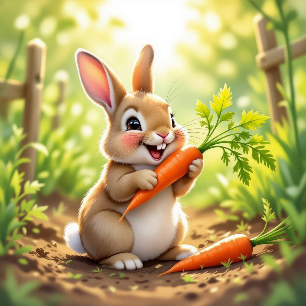 Joyful Bunny Munching Carrot, Whimsical Digital Art