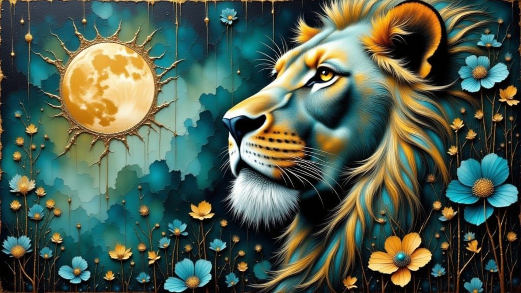 Regal Lion in Surrealist Jungle Dreamscape
