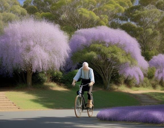 Vintage Bicyclist Rides Through Vibrant Jacarandas and Majes...