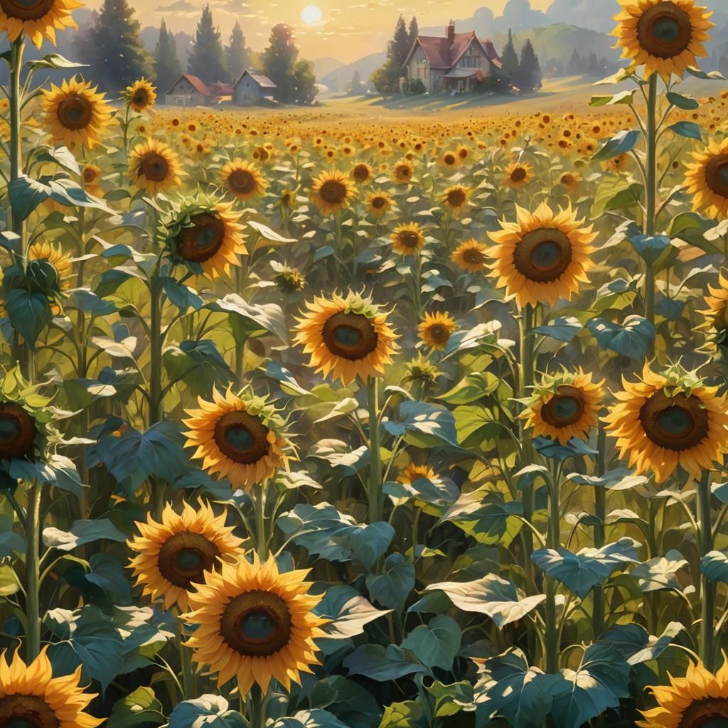 Golden Sunflower Field in Dreamy Landscape Style