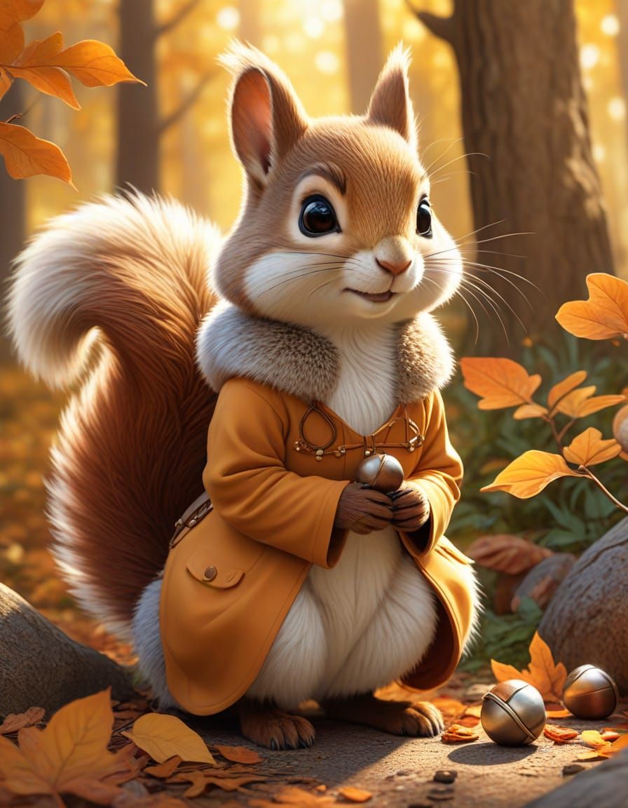 Squirrel Girl in Autumn Forest: Digital Painting