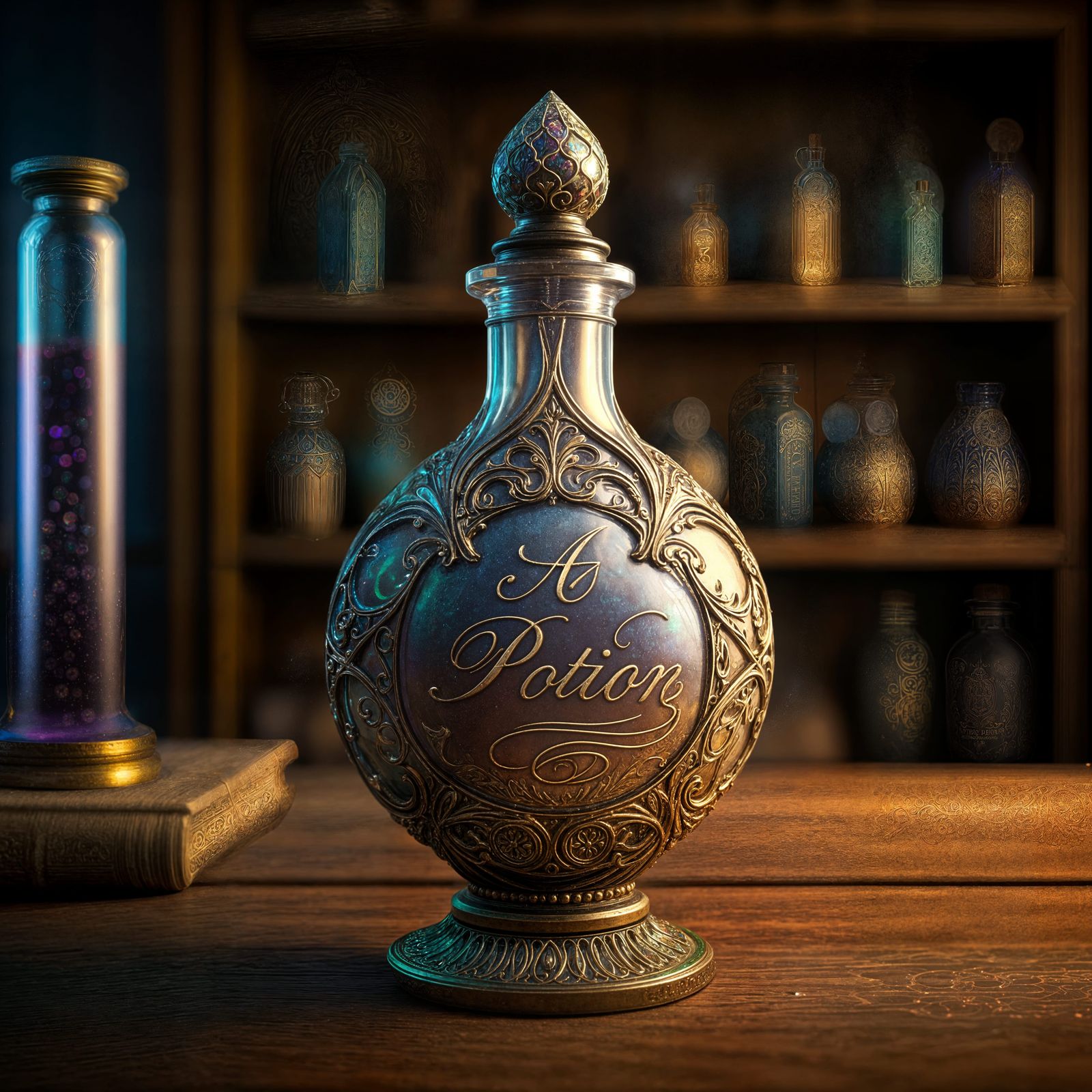 Glowing Potion Bottle in Medieval Apothecary