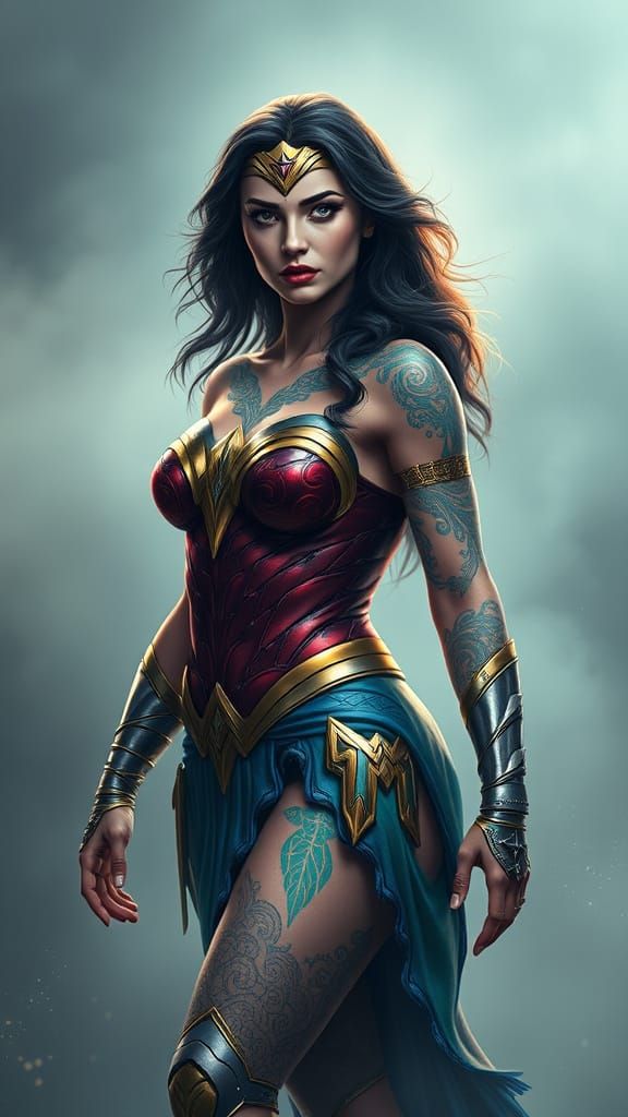 Wonder Woman Transformed by Vibrant Tattoos in Ethereal Land...
