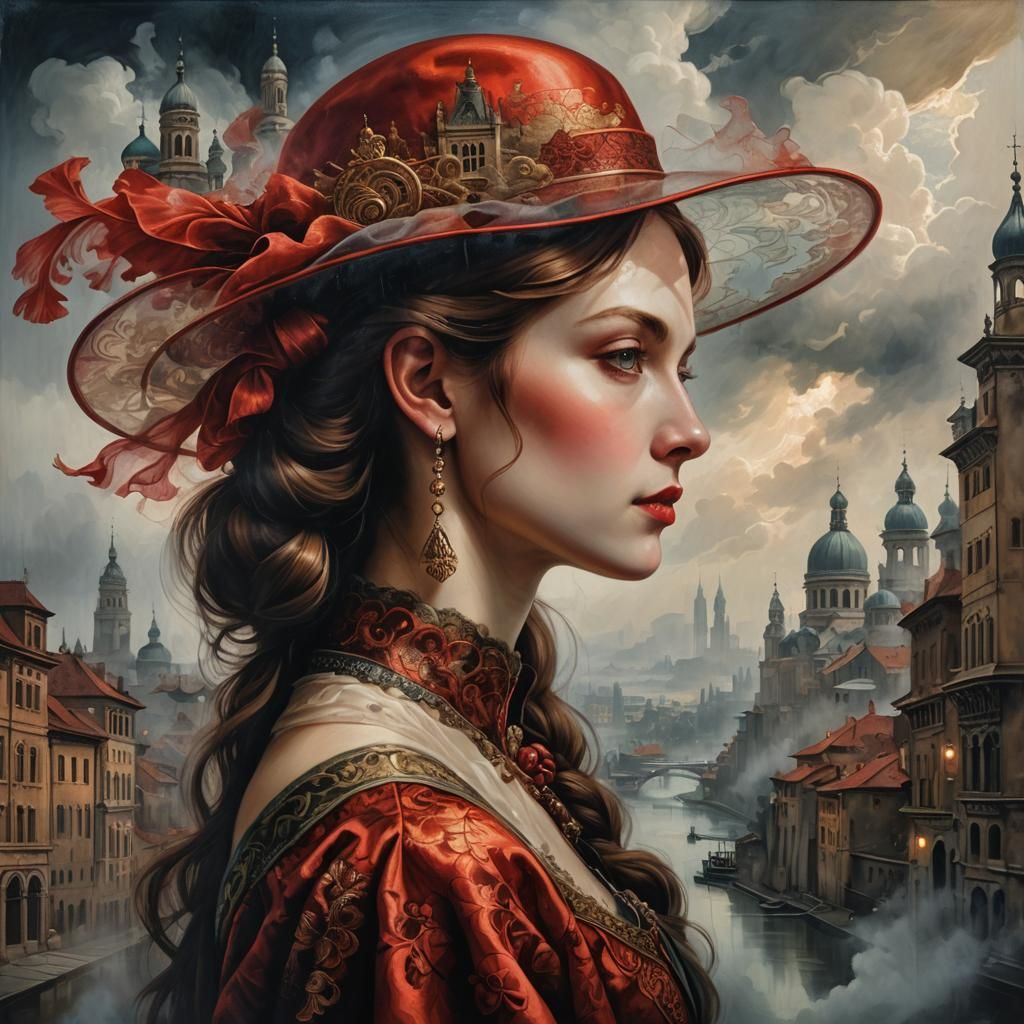 Renaissance Portrait: Woman with Cityscape Double Exposure