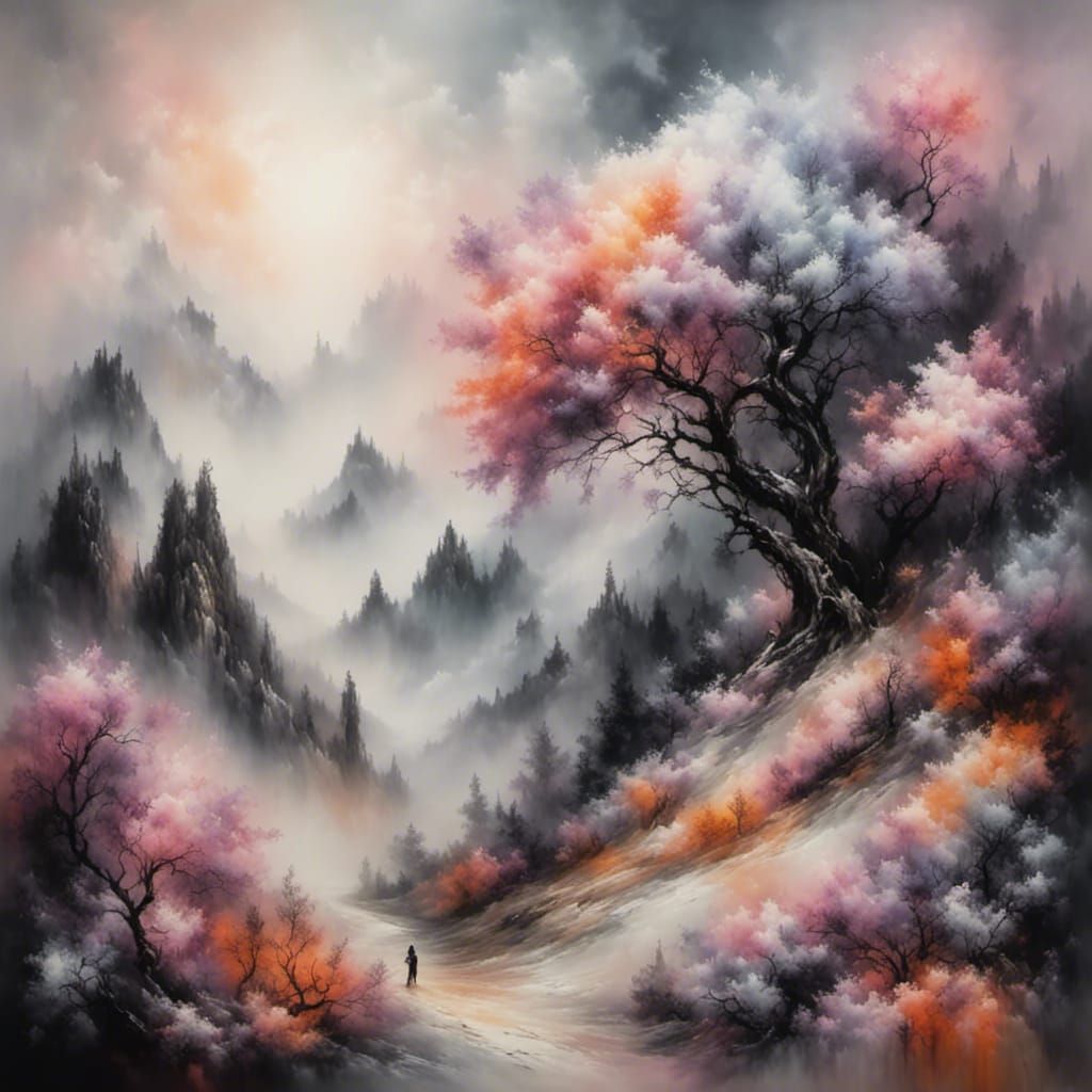 Silver Flower Blooms in Surrealist Landscape Painting