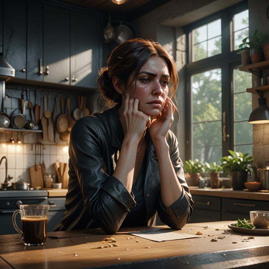 Elegant Woman in Lush Sunlight, Modern Kitchen Table Setting