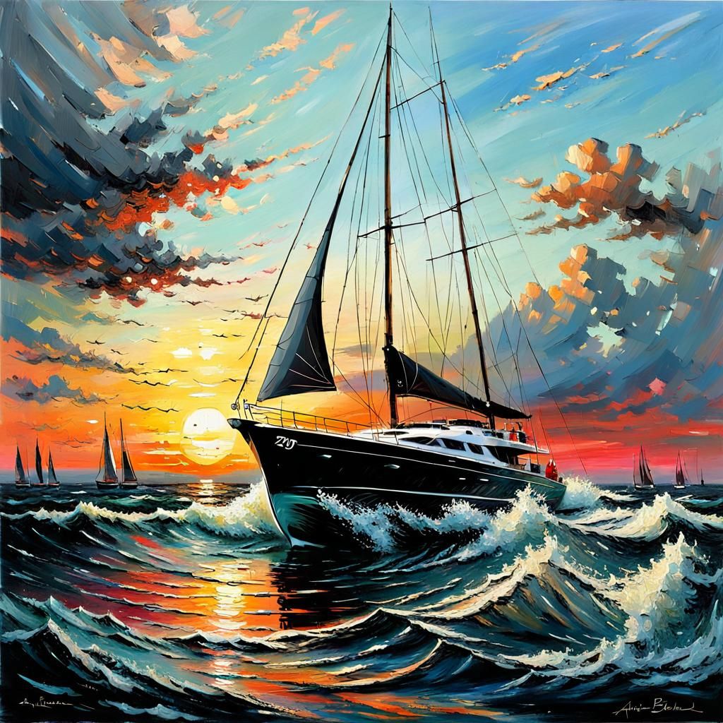 Yacht at Sunset in Impressionist Style