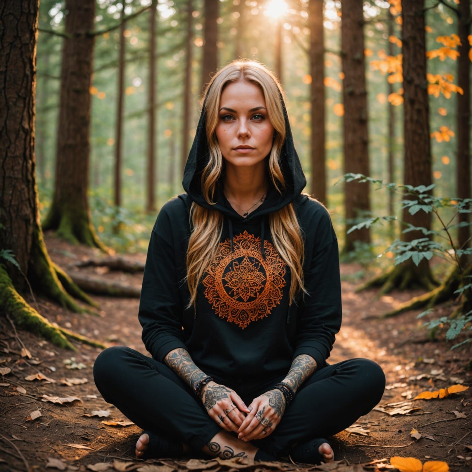 Ethereal Forest Meditation: Tattooed Woman in Boho Style