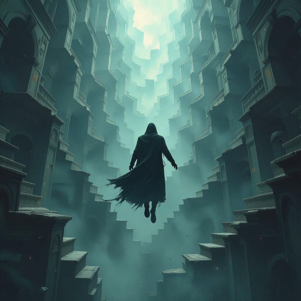 Falling Figure in Escher-esque Abyss: Gothic Matte Painting
