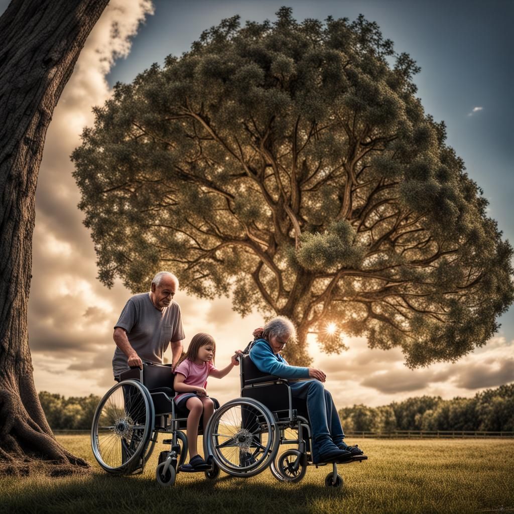 Family Trimming Christmas Tree with Daughter in Wheelchair