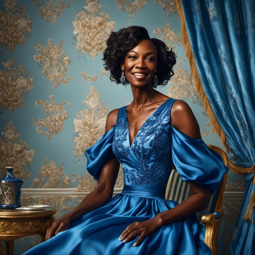 Hyperrealistic Portrait of Joy in Blue Silk Dress