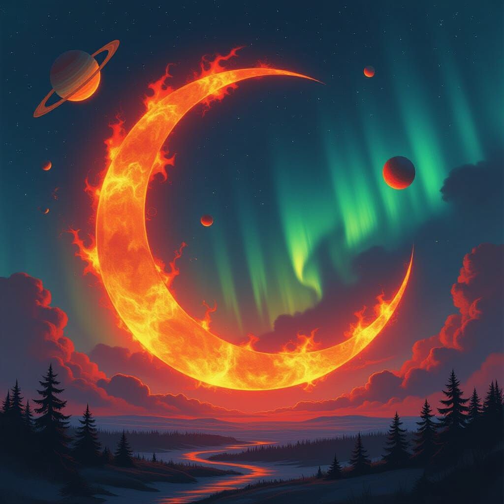 Fiery Half Moon with Aurora Borealis