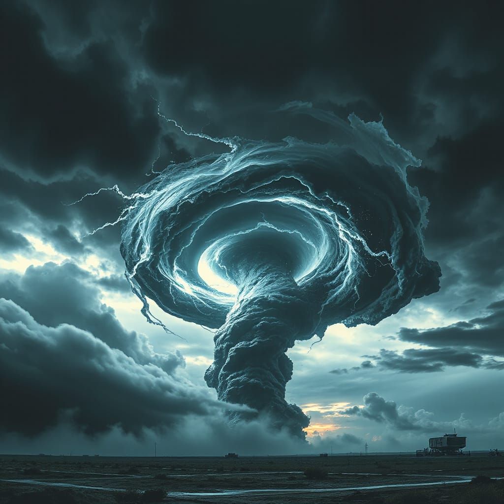 Intense Cyclone Swirling Under Ominous Sky in Retro-Futurist...