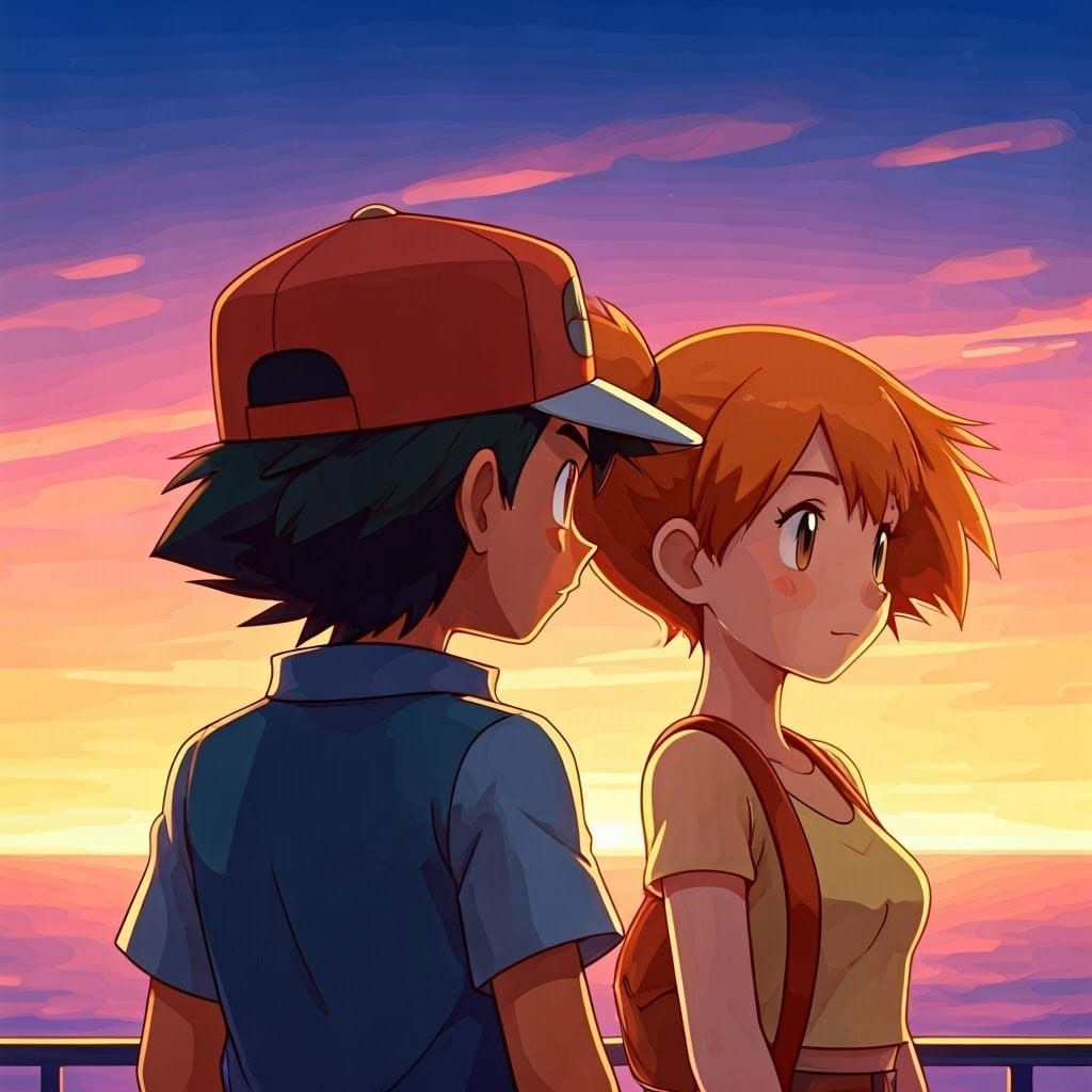 Ash and Misty at Sunset, Watercolor Ghibli Style