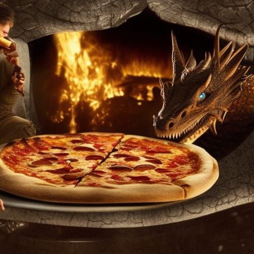Epic Dragon Eats Pizza in Digital Painting