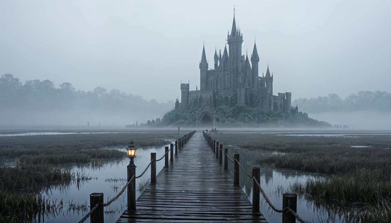 Gothic Fortress Overgrown Marshland in Dark Fantasy Style