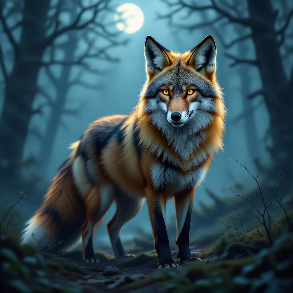 Majestic Wolf-Fox Hybrid in Misty Moonlit Forest