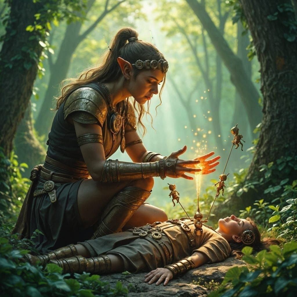 Halfling Clockwork Sorcerer Heals in Magical Forest