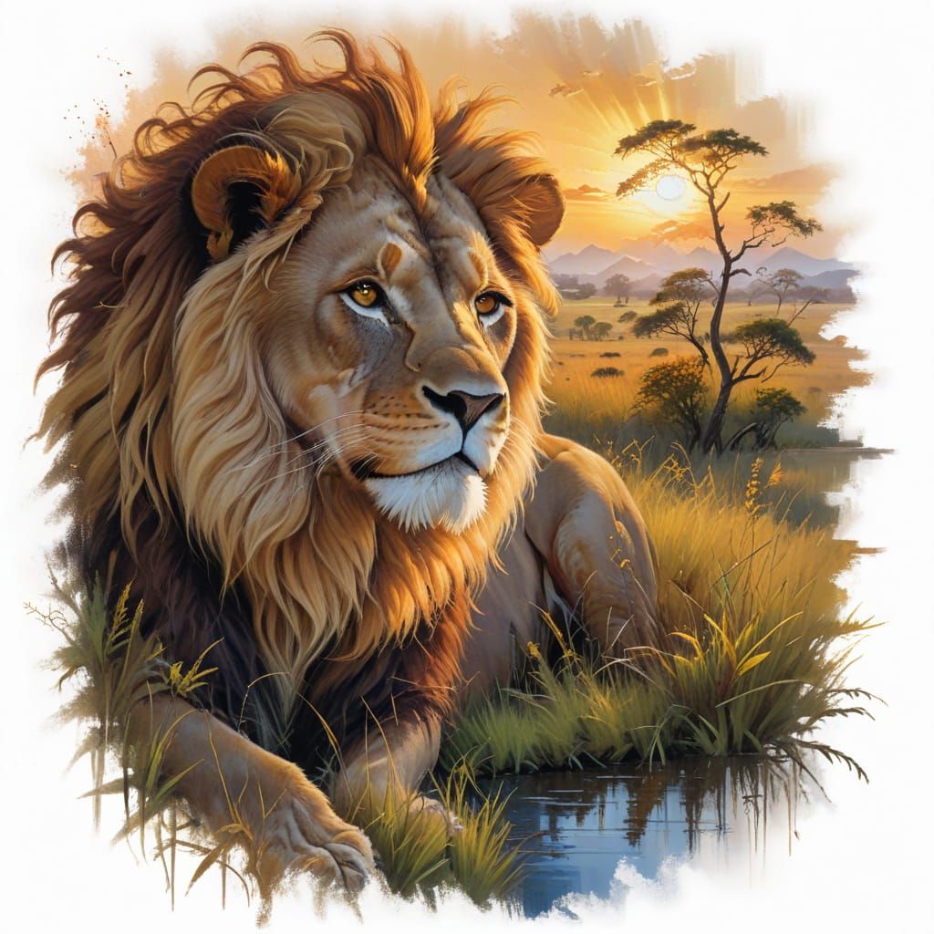 Savannah Lion Basks in Sunset Glory, Oil Painting Style