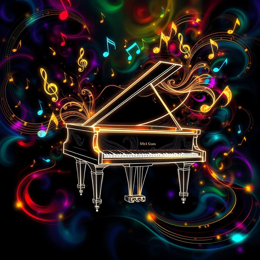 Majestic Grand Piano in Vibrant, Kaleidoscopic Explosion