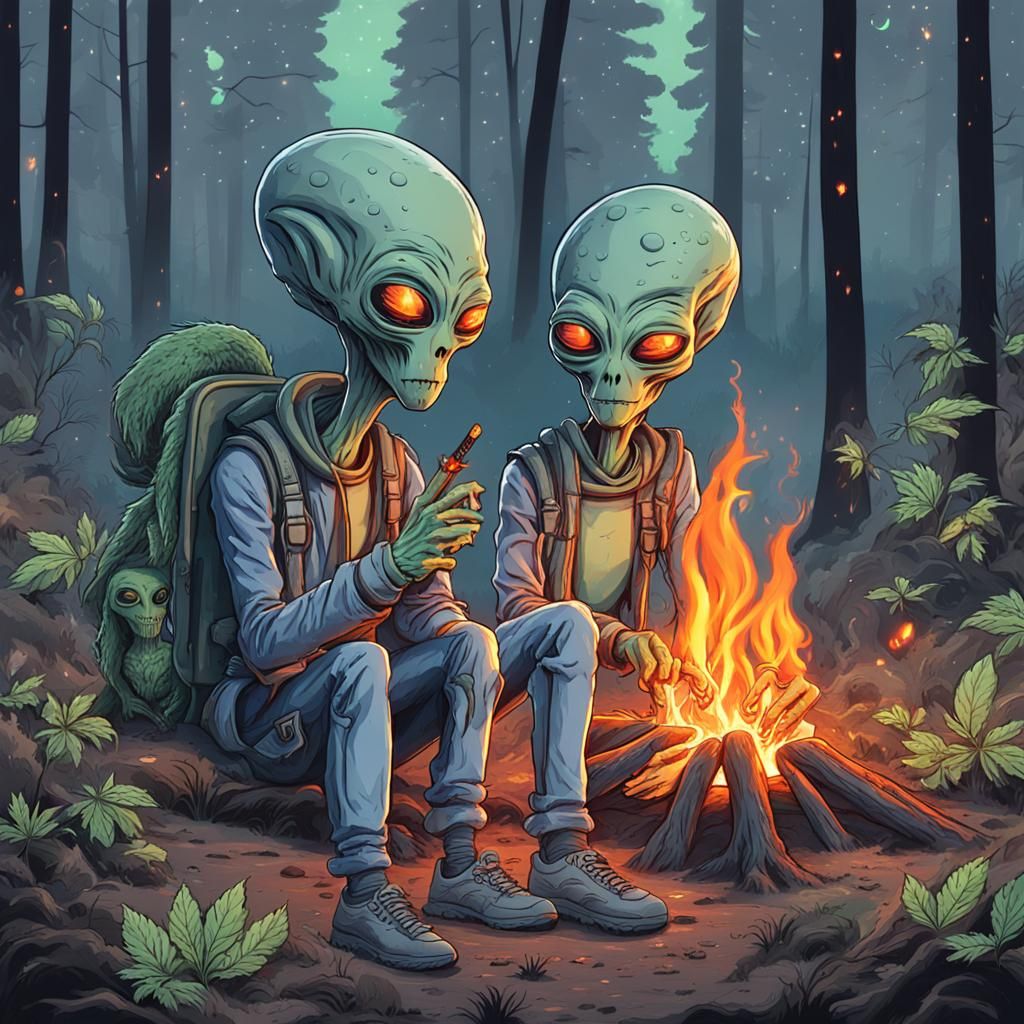 Gray Alien Couple Smoking Weed by Campfire