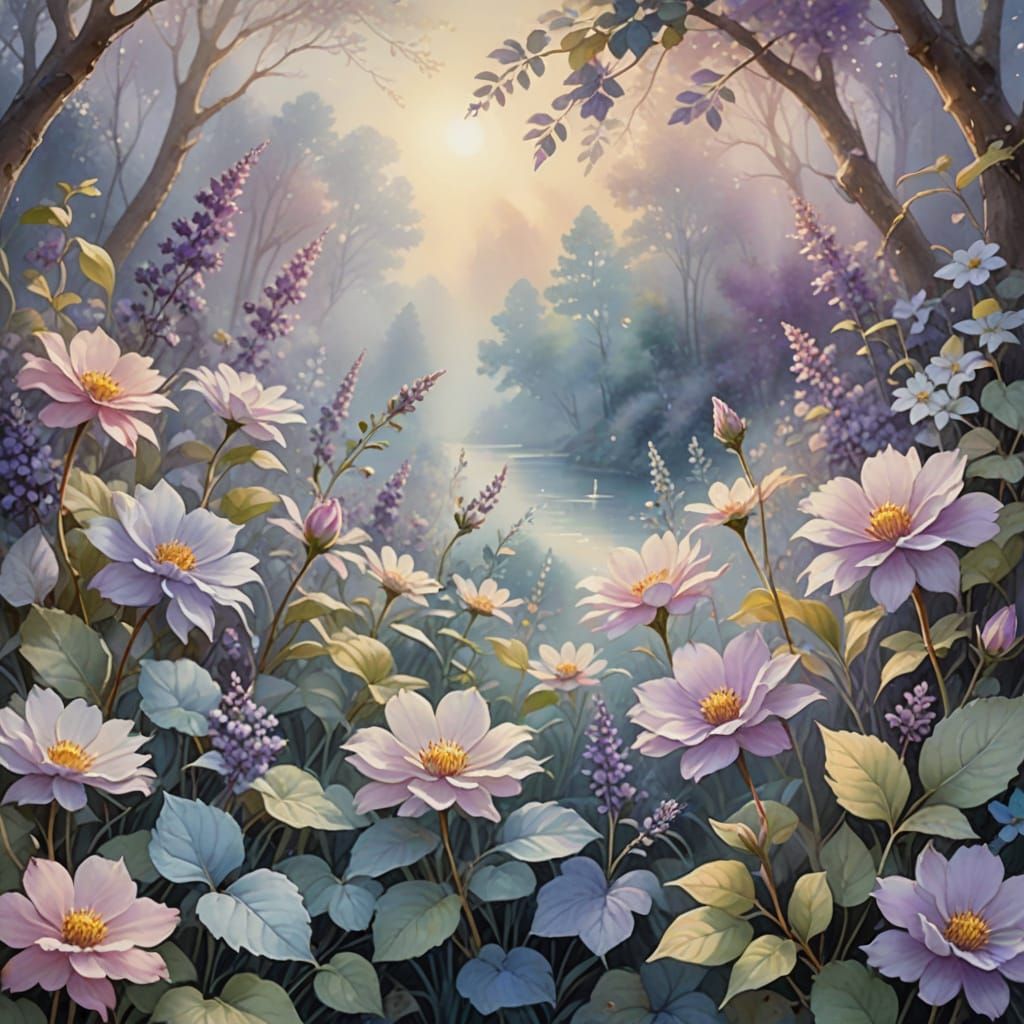Surreal Watercolor Masterpiece with Delicate Blooms and Ethe...