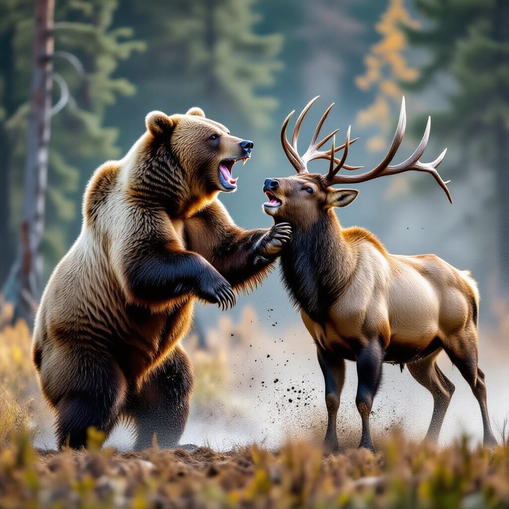 Grizzly Bear Roars Between Battling Elks
