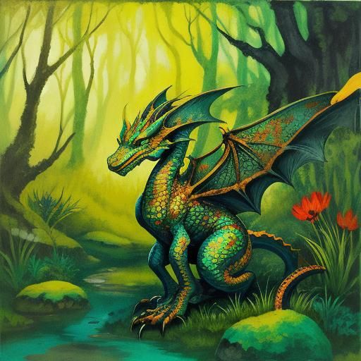 Abstract Dragon in Forest with Complementary Colors