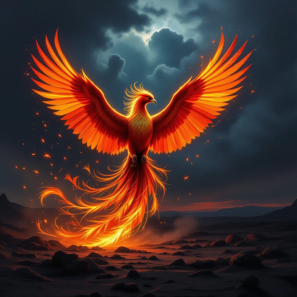 Majestic Fiery Phoenix Erupting from Ash Landscape