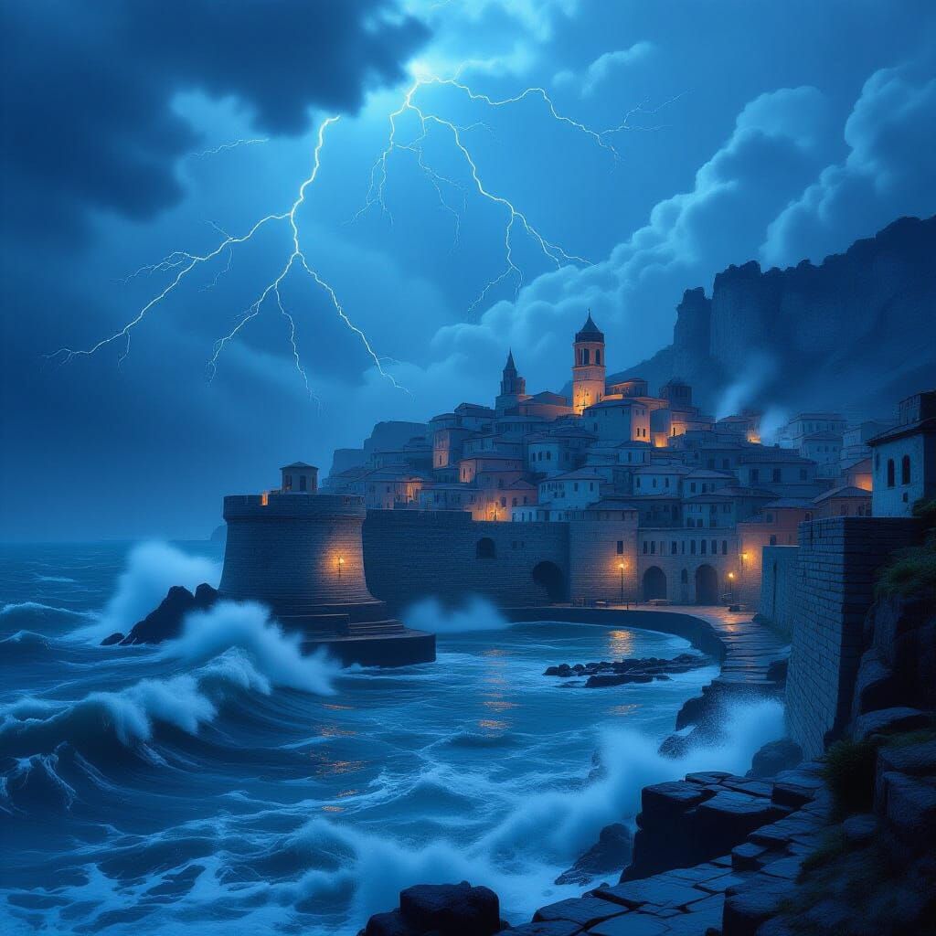 Fortified Aegean Harbor in Dramatic Storm