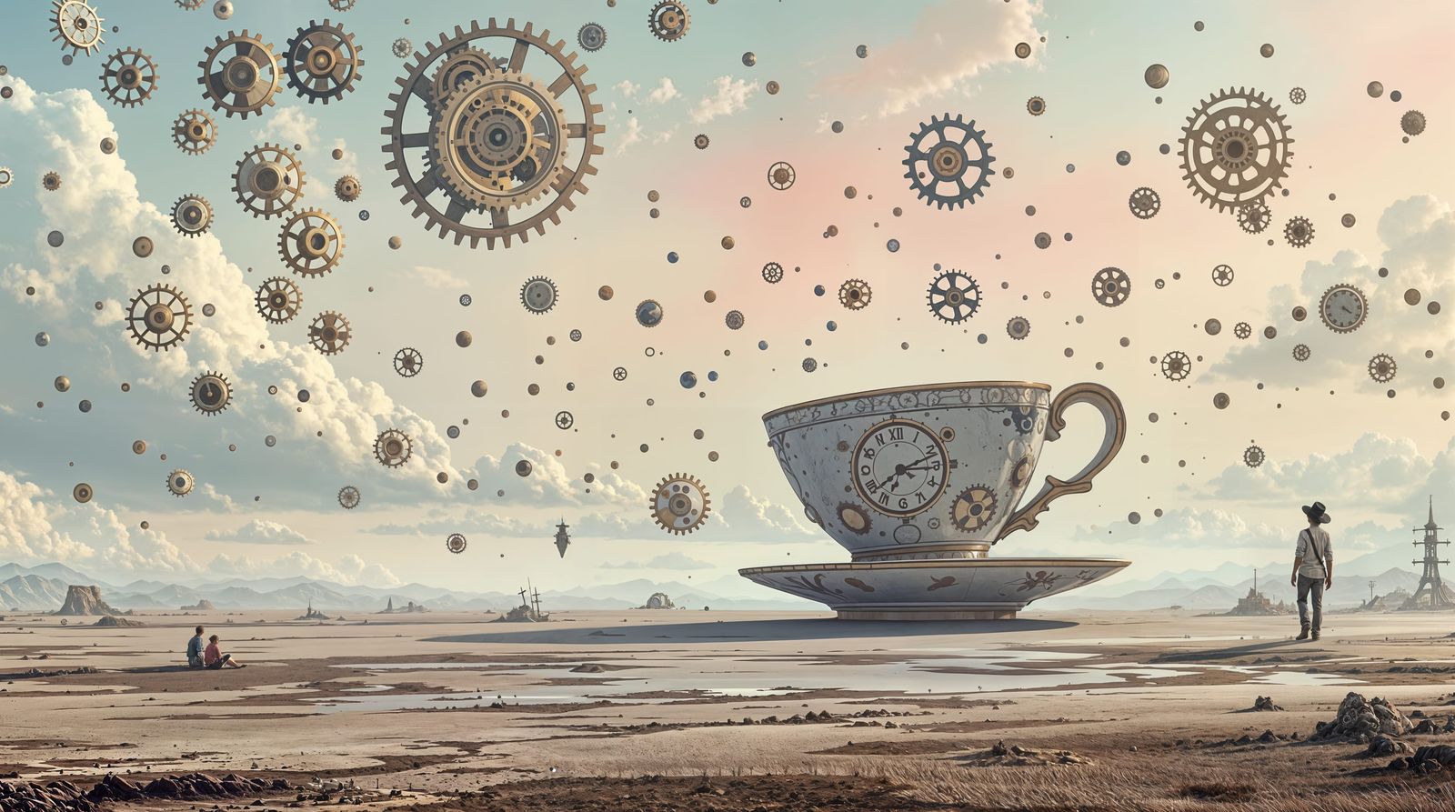 Surreal Teacup Giant in a Dreamlike Clockwork Sky