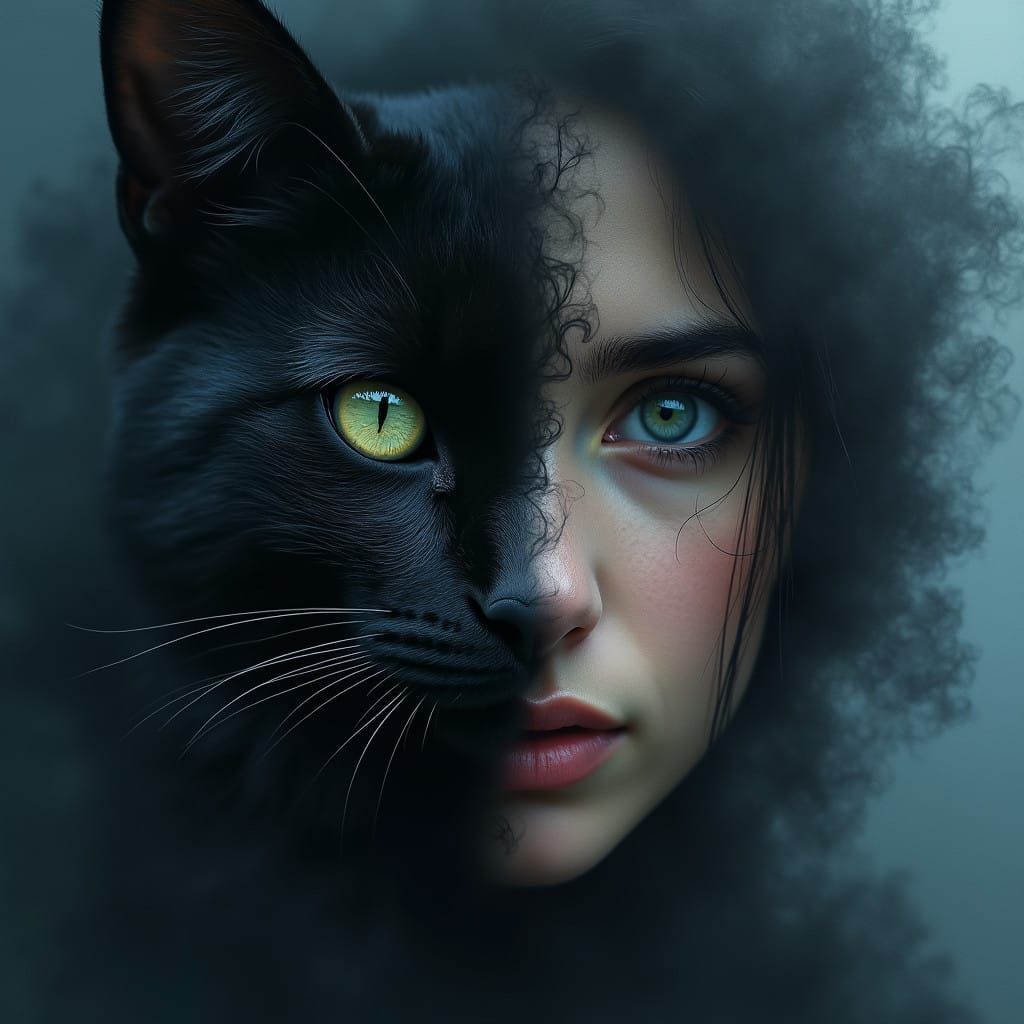 Surreal Digital Portrait of Woman-Cat Hybrid in Hyper-Realis...