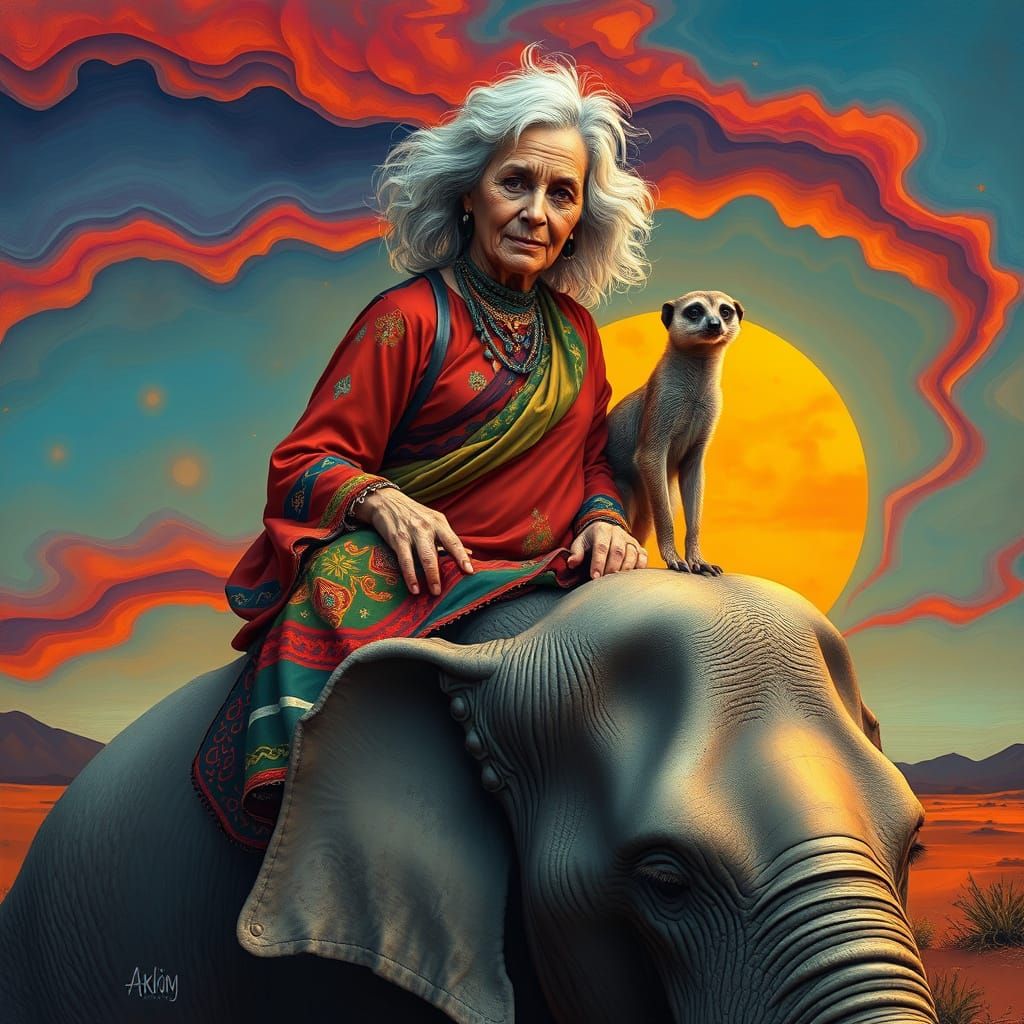 Woman Rides Elephant into Melting Sunset, in Surreal Style